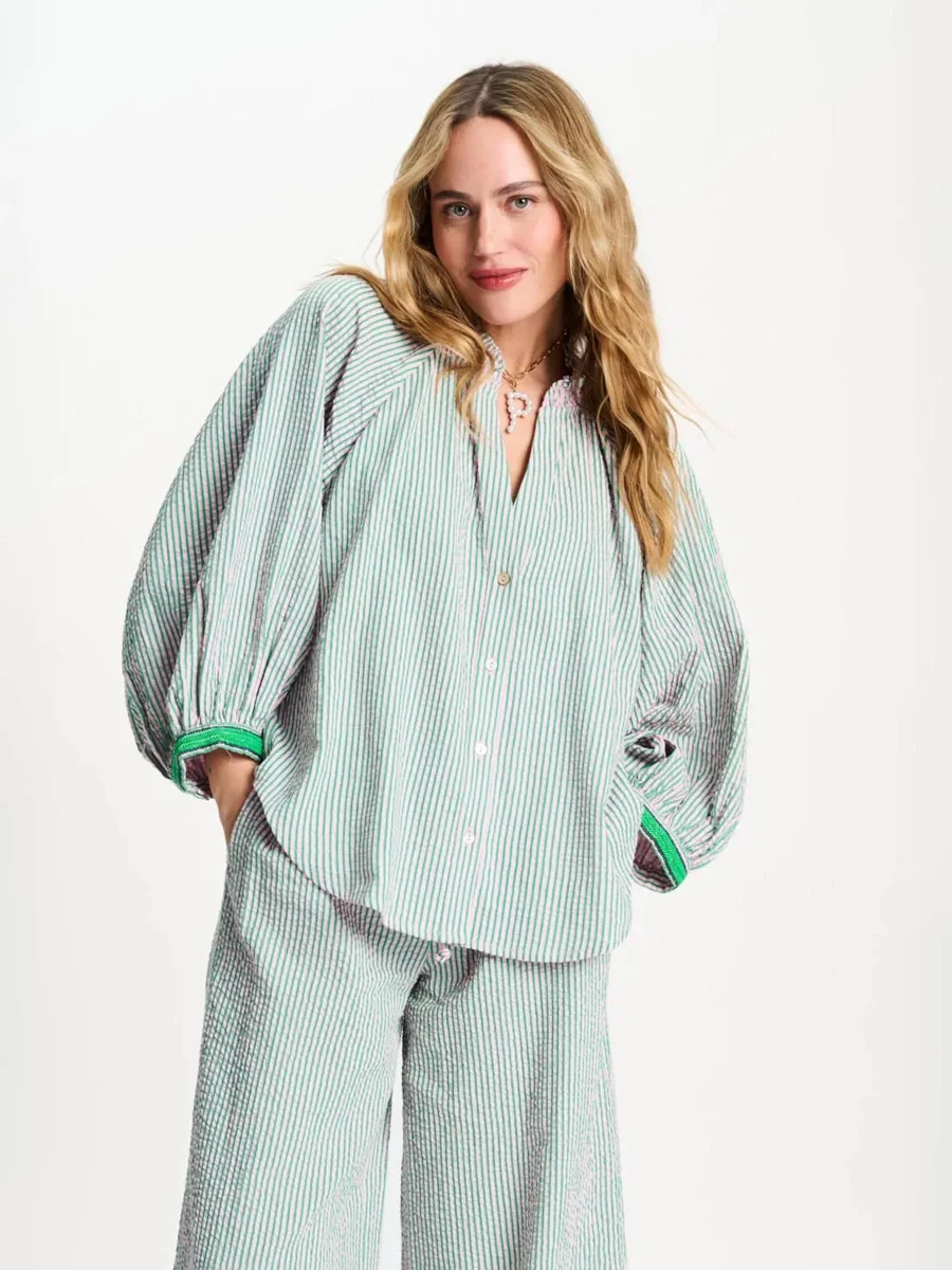 Gestreepte blouse seersucker green pink - Afbeelding 2